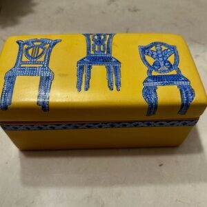 Mid Century Modern Handpainted Ceramic Yellow Trinket Box Blue Chairs